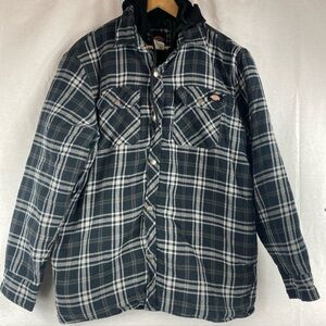Dickies Jacket Quilt Lined Black Mens Large Cotton Hooded Full Zip Plaid Double